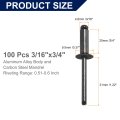 100 Pcs 3 16 In X 4 Aluminum Blind Rivets Countersunk Head With Steel Mandrel For Metal Furniture And Automotive Black