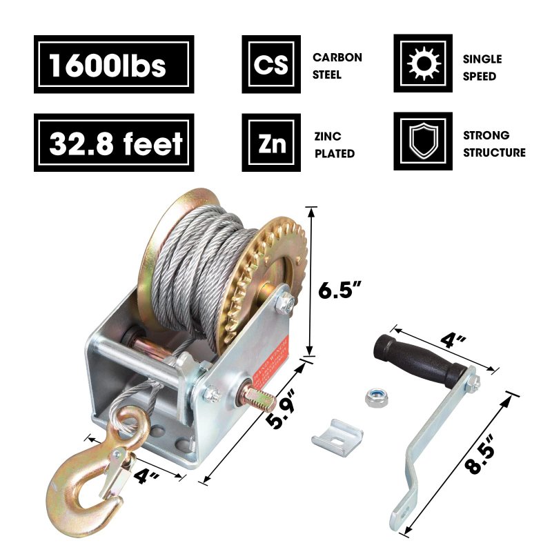 Tce Atrt1161cu Torin 1600 Lbs Capacity Heavy Duty Hand Crank Winch With 32 8ft Steel Wire Cable And Hook Silver