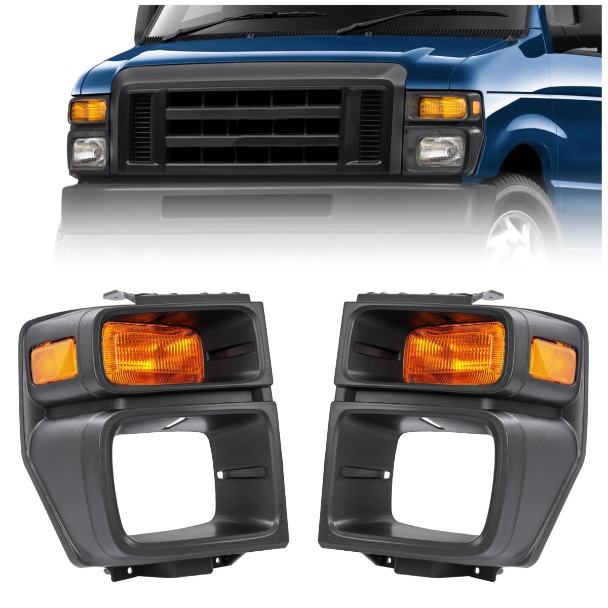 Front Headlight Bezels With Turn Signal Light For 2008 2019 Ford E150 E250 E350 Super Duty Truck Pickup Yellow Lens Black Bezel