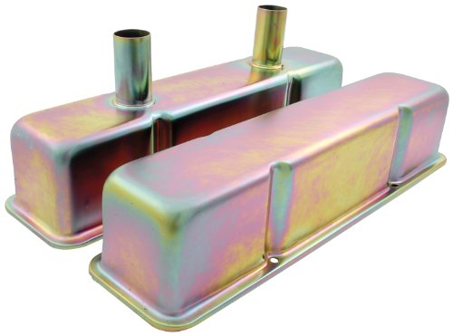 All26145 Zinc 1 5 In Tube Steel Valve Cover For Small Block Chevy Yellow Finish Includes Baffled Breather Tubes
