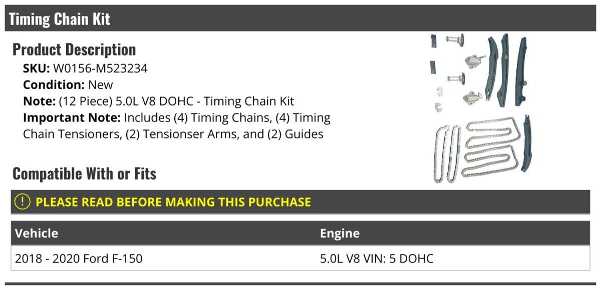 Timing Chain Kit 12 Piece For018 2020 Ford F 150 0l V8 Vin 5 Dohc Includes 4 Chains Tensioners 2 Arms And 2 Guides