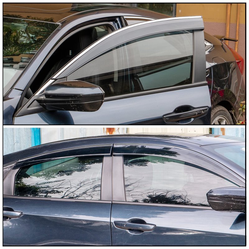 Ikon Motorsports Tape On External Window Visor For 2016-2021 Civic 10th Gen 4dr Sedan Factory Style Polycarbonate Black Sun