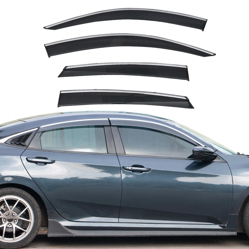 Ikon Motorsports Tape On External Window Visor For 2016-2021 Civic 10th Gen 4dr Sedan Factory Style Polycarbonate Black Sun