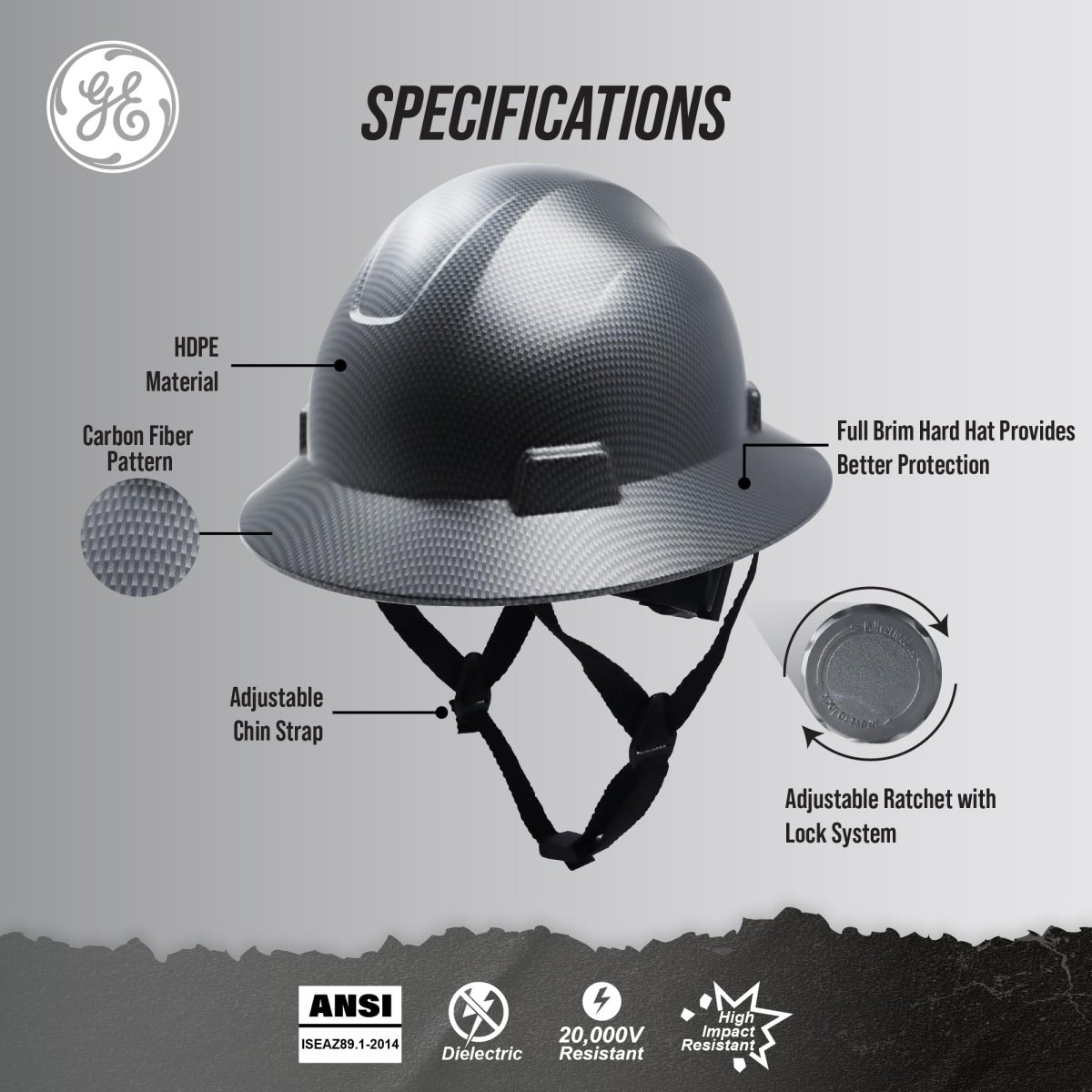 Ge Hard Hat Full Brim Padded Sweatband 4-point Ratchet Suspension Ansi Z89 1-2014 Safety Hats For Men Impact Resistant