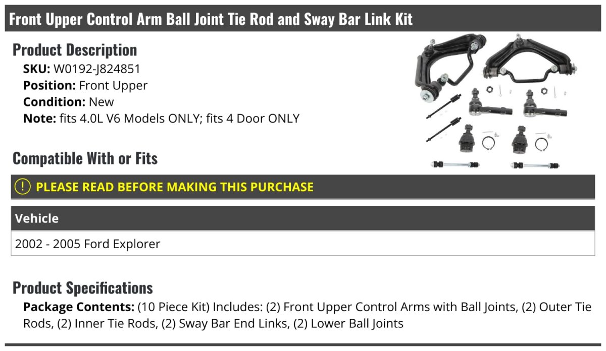 Front Upper Control Arm Ball Joint Tie Rod End And Sway Bar Link Kit 10 Piece For 2002 2005 Ford Explorer 4 0l V6 Door Models
