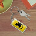 Black Cat Lifting Leg And Licking Rectangle Keychain In Chrome Plated Metal