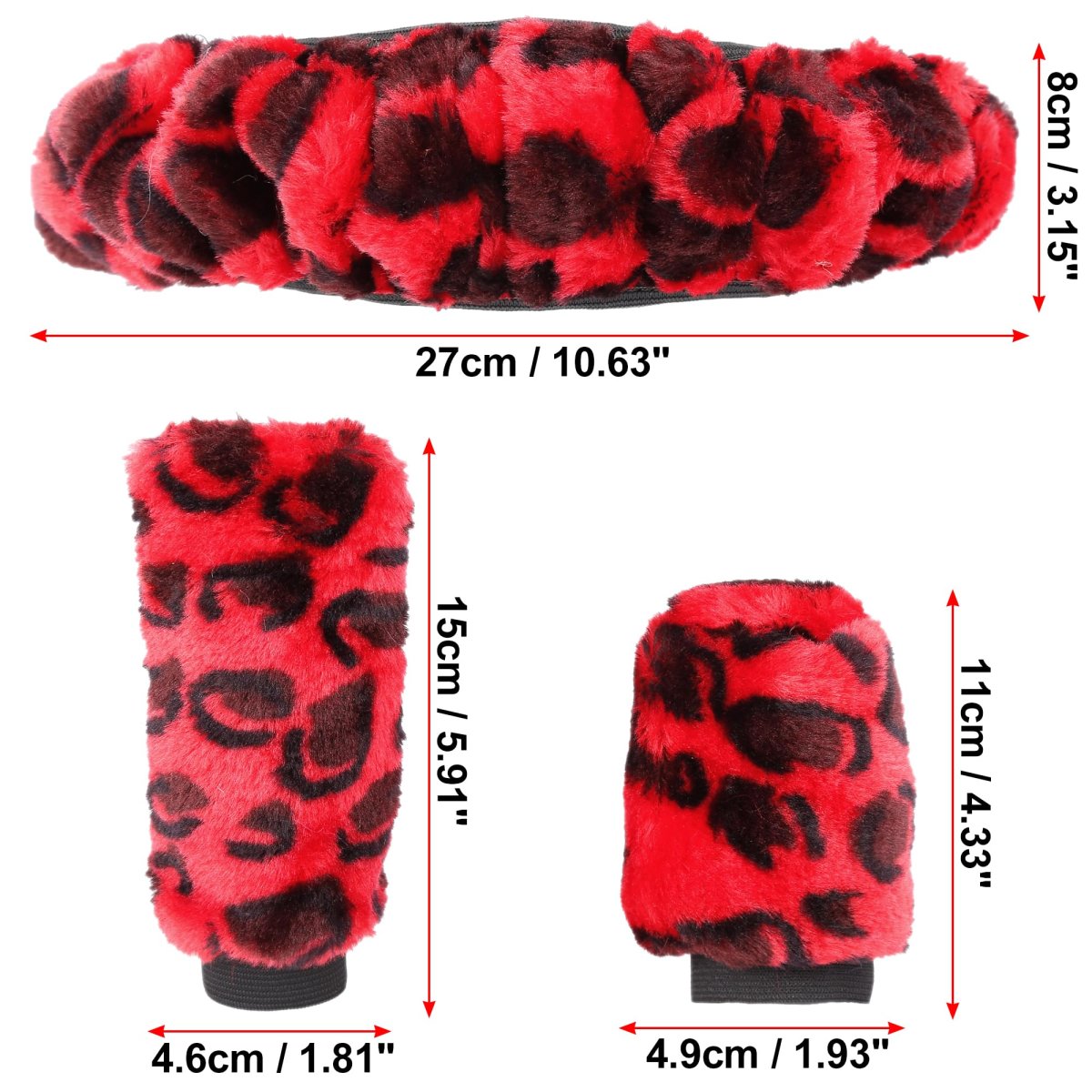 Elastic Leopard Pattern Fluffy Car Steering Wheel Cover With Handbrake Gear Shift Set Universal Red