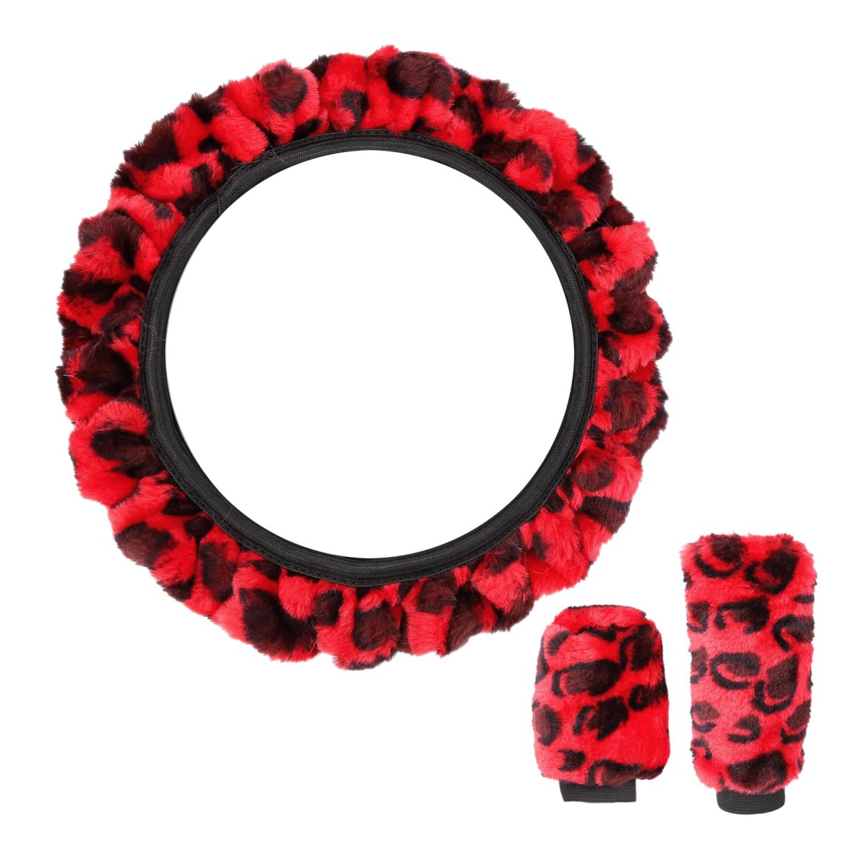 Elastic Leopard Pattern Fluffy Car Steering Wheel Cover With Handbrake Gear Shift Set Universal Red