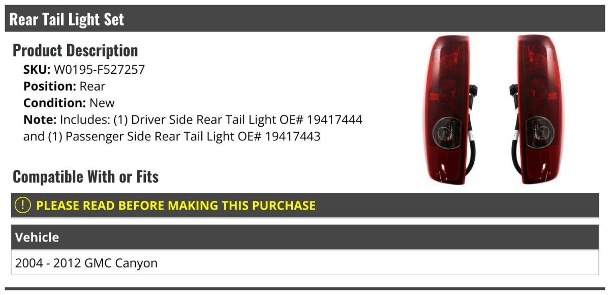 Rear Tail Light Assembly Set Of 2 For 2004-2012 Gmc Canyon