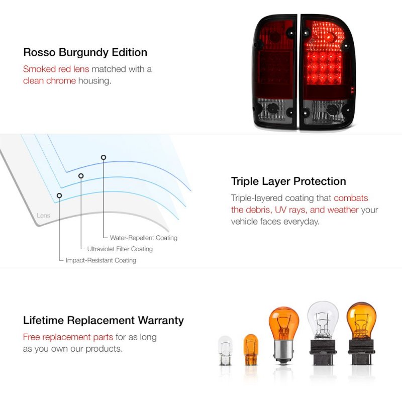 1995-2000 Toyota Tacoma Pickup Truck Red Smoke Lens Premium Led Tail Light Housing Lamp Assembly Replacement Driver And