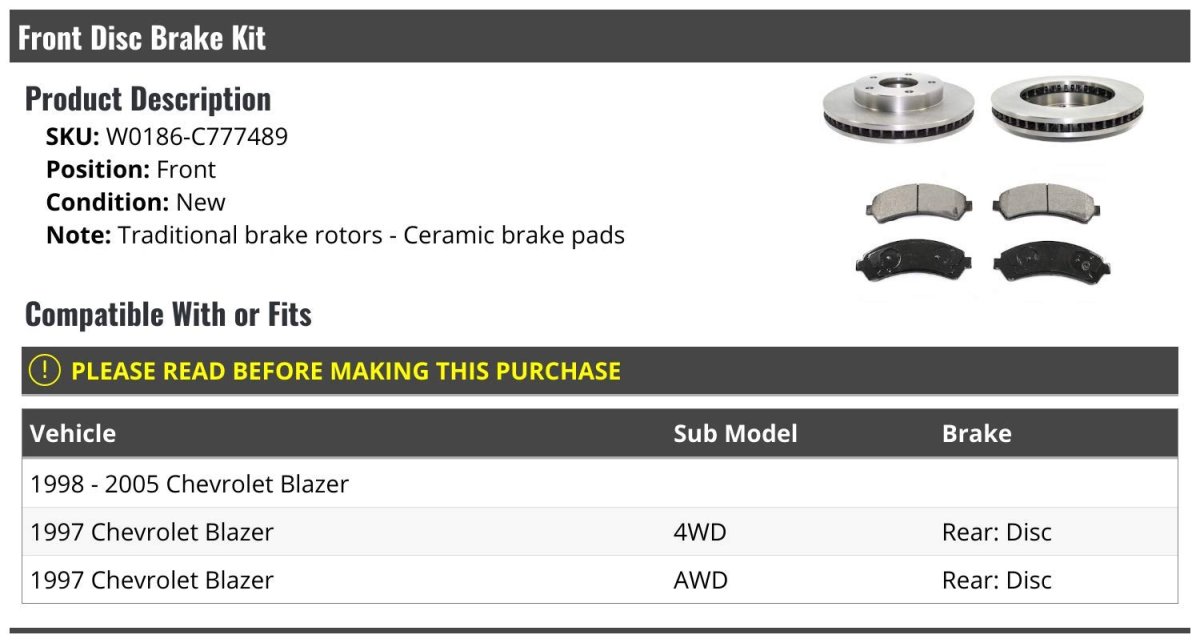 Front Ceramic Disc Brake Pad And Rotor Kit For 1997-2005 Chevy Blazer