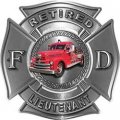 Retired Lieutenant Officer Fire Department Maltese Crossfighter Decal With Antique Fire Truck In Silver 