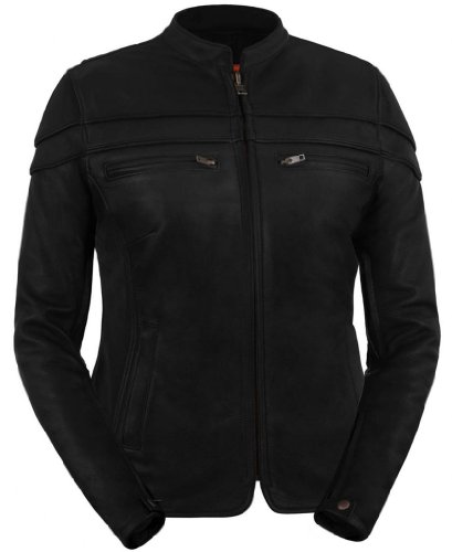 True Element Womens Premium Leather Vented Scooter Collar Motorcycle Jacket Black X-large