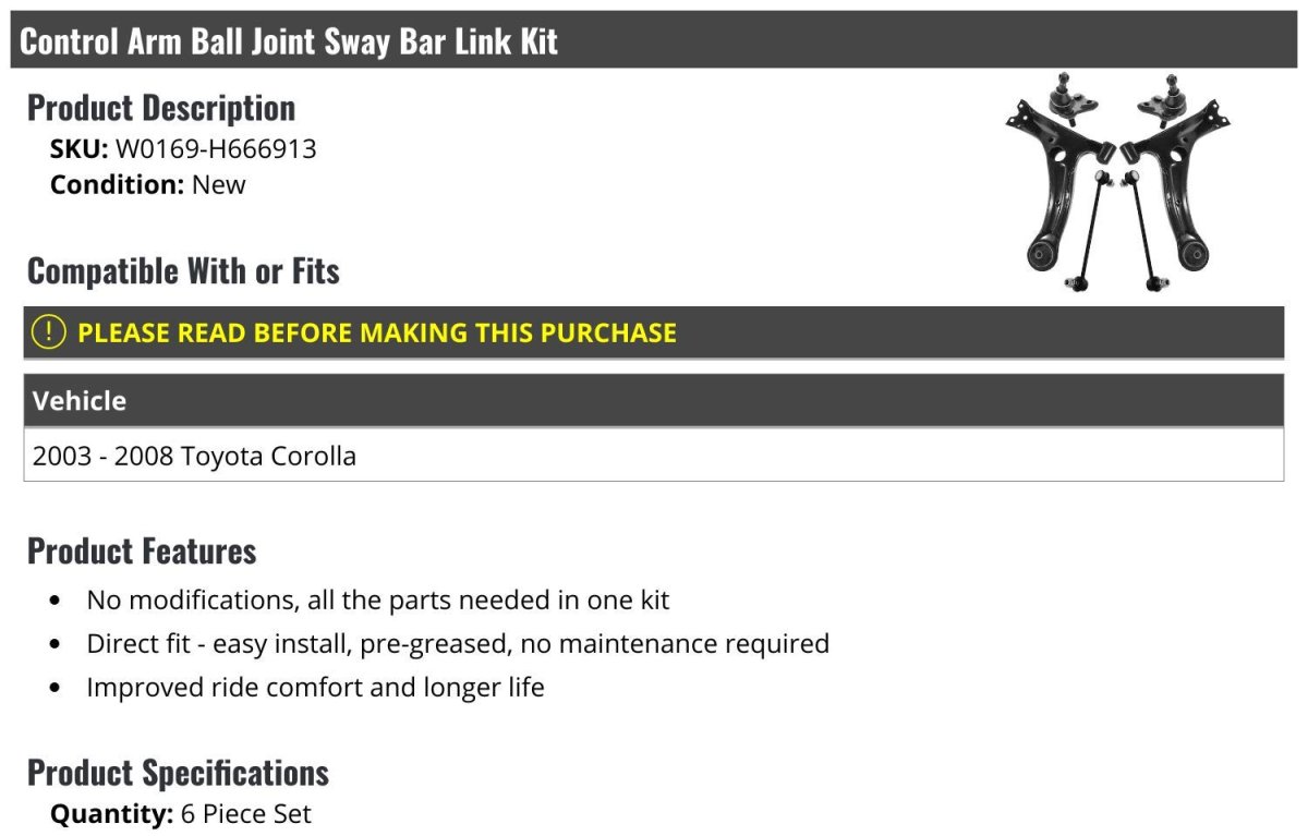 Front Control Arm Ball Joint Sway Bar Link Kit 6 Piece For 2003 To 2008 Toyota Corolla Lower Arms And Joints Set