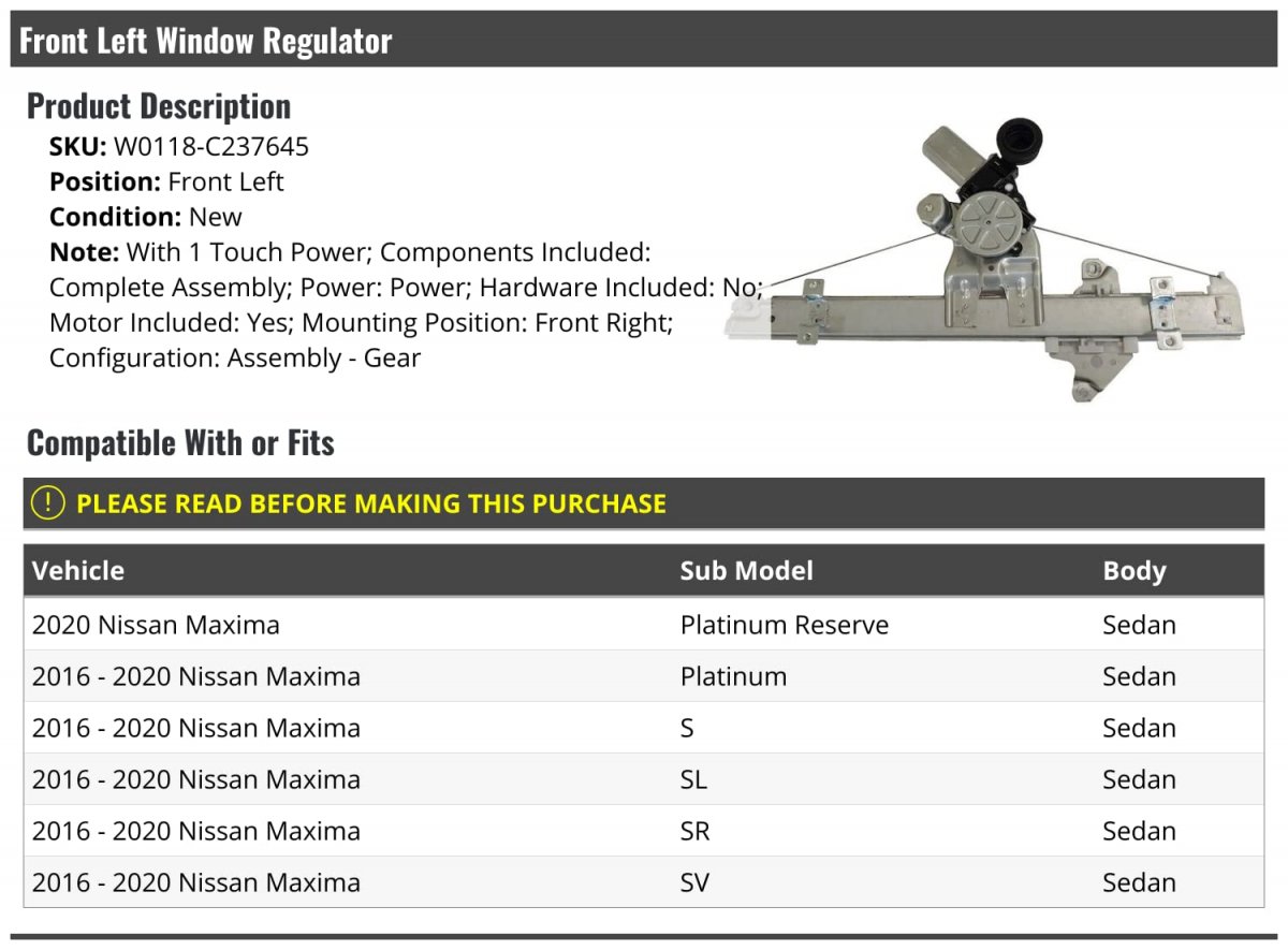 Front Left Driver Side Power Window Regulator For 2016 2020 Nissan Maxima Sedan With 1 Touch Windows W0118-c237645