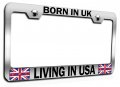 Born In Uk Living Usa British England Ch Steel Auto Suv License Plate Frame Tag Holder 
