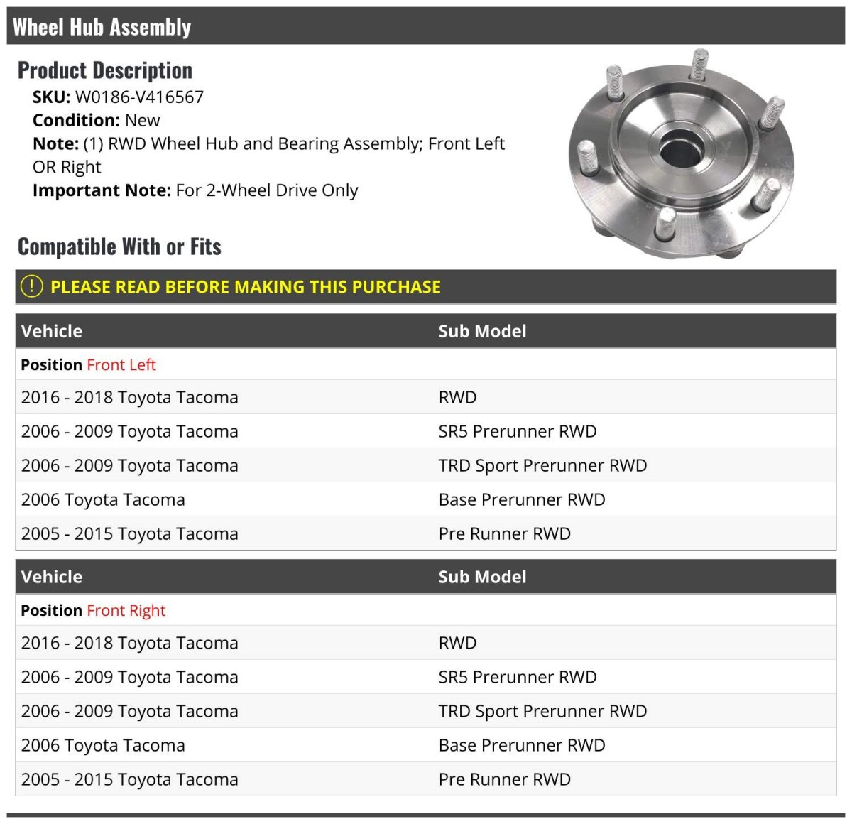 Front Wheel Bearing Hub Assembly For 2005-2018 Toyota Tacoma Rwd