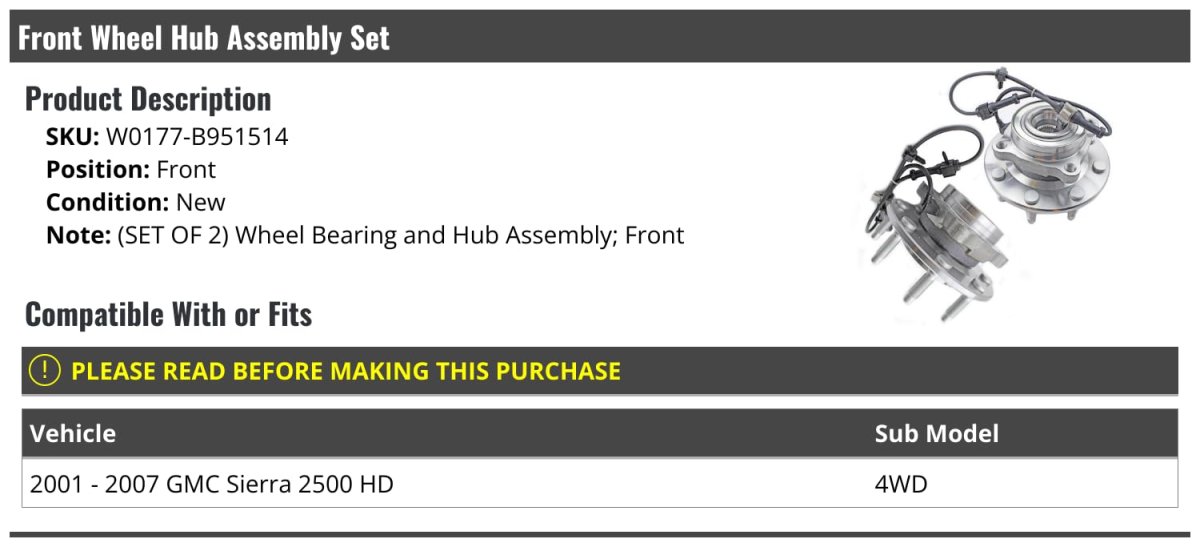 Front Wheel Bearing Hub Assembly Set Of 2 For 2001-2007 Gmc Sierra 2500 Hd 4wd