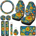 Tallew 10 Pcs Hippie Flower Car Seat Covers Full Set Universal Accessories Colorful Art Floral Steering Wheel Armrest Pad Cover 