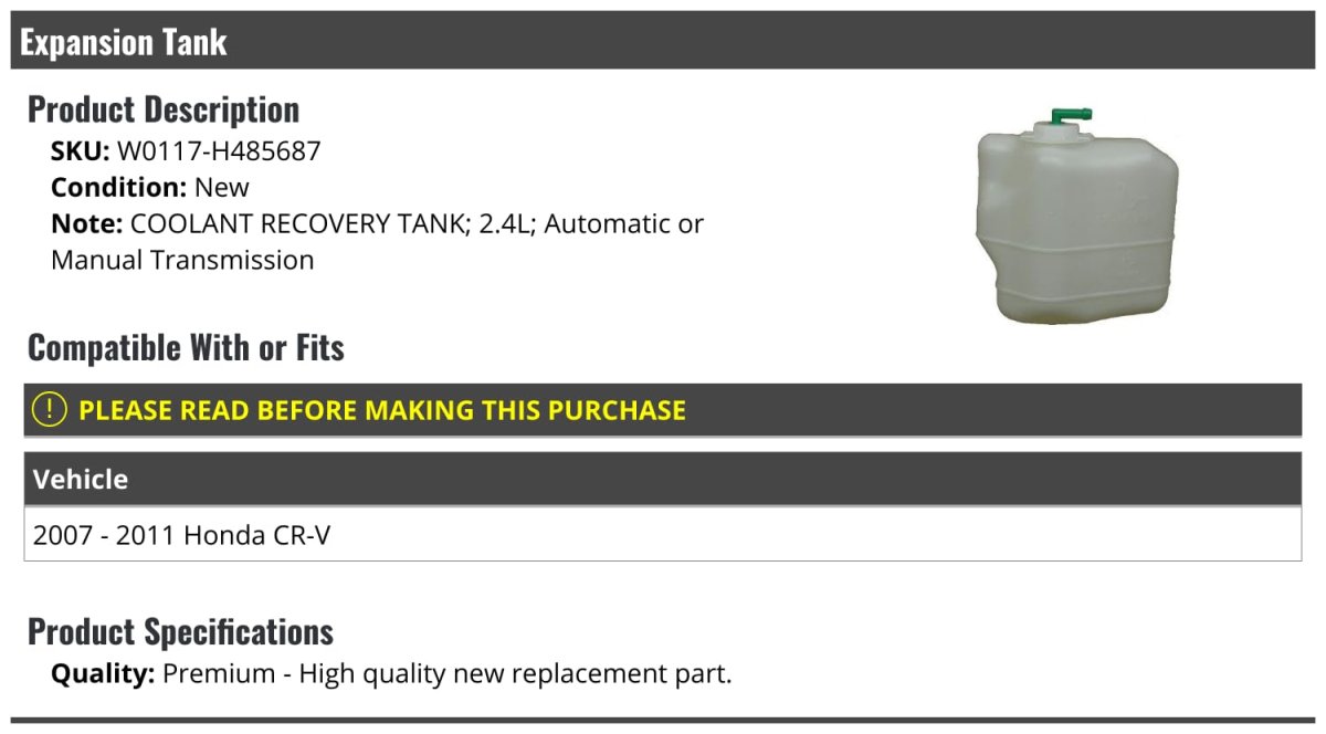 Radiator Coolant Overflow Recovery Tank Reservoir For 2007 To 2011 Honda Cr V 2 4l Expansion Automatic Or Manual Transmission