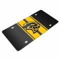 Ipick Image For Dodge Hellcat 3d Logo In Yellow On Stripe Black Carbon Fiber Look Premium Stainless Steel License Plate Design
