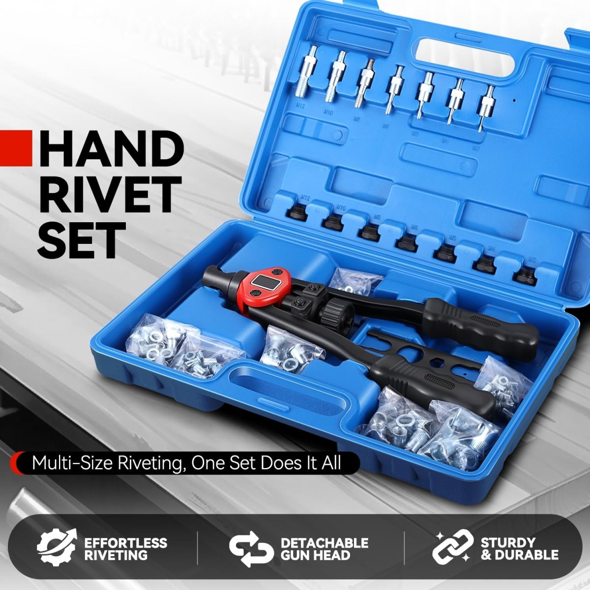 Auto Dynasty 13 Rivet Nut Tool Set 80pcs Hand 3-in-1 Kit With Metric And Sae Mandrels For Home Household Office Warehouse