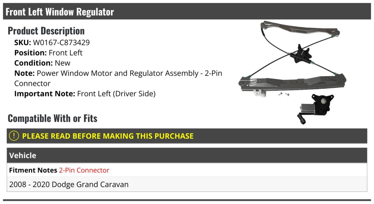 Front Left Driver Side Power Window Motor And Regulator Assembly With 2-pin Connector For 2008-2020 Dodge Grand Caravan