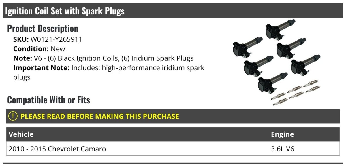 Ignition Coil And Iridium Spark Plug Kit 12-piece For 2010-2015 Chevy Camaro 3 6l V6