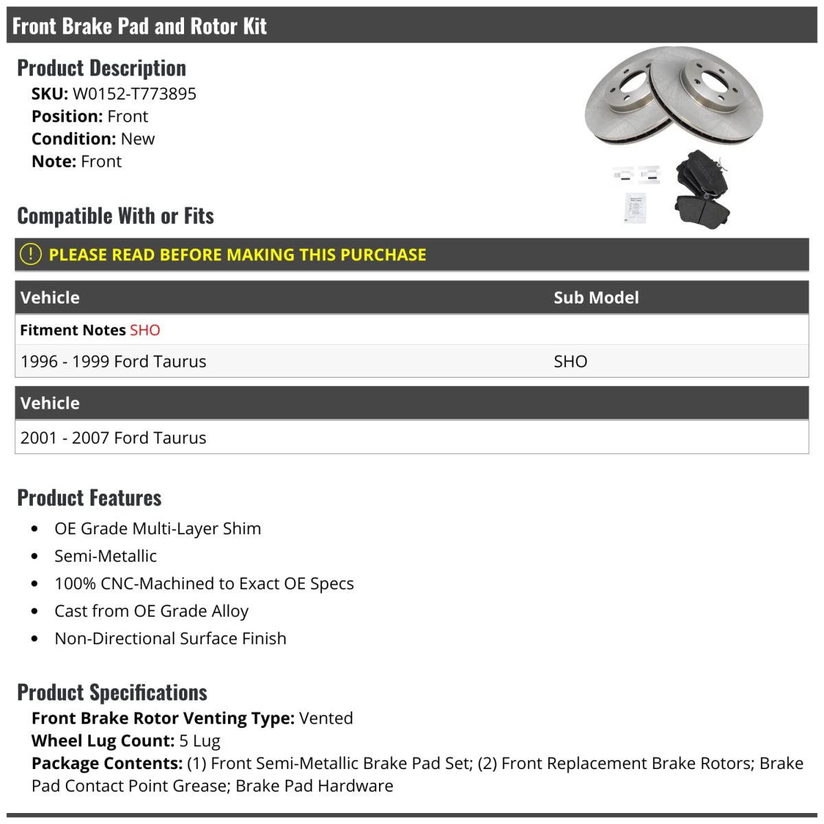 Front Semi Metallic Brake Pads And Rotor Kit 5-lug For 1996-1999 2001-2007 Ford Taurus Sho