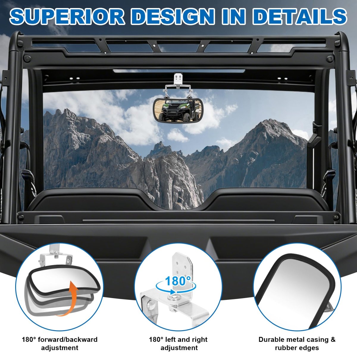 Utv Rear View Mirror For Polaris Ranger 500 570 900 Xp 1000 Crew 2013 To 2025 Convex Shatterproof Glass With Roll Cage Mount