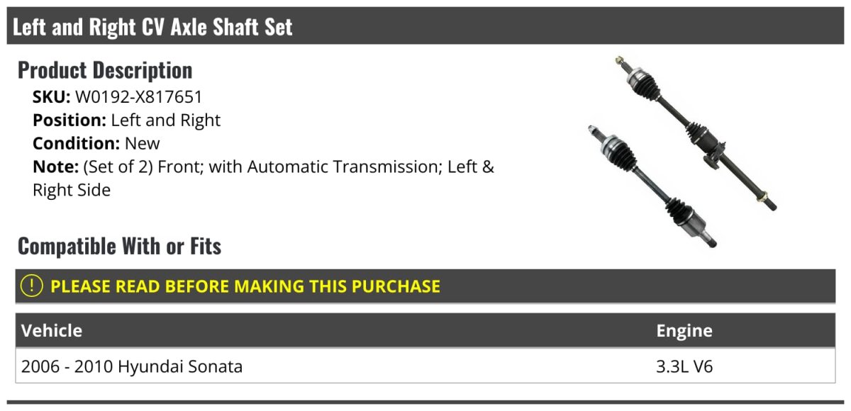 Front Cv Axle Shaft Set Of 2 For 2006-2010 Hyundai Sonata 3 3l V6 With Automatic Transmission