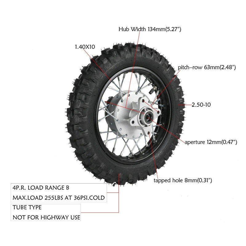 10 Rear Wheel 2 50-10 Rim Tire Assembly For Dirt Bikes 50cc 70cc 110cc Pw50