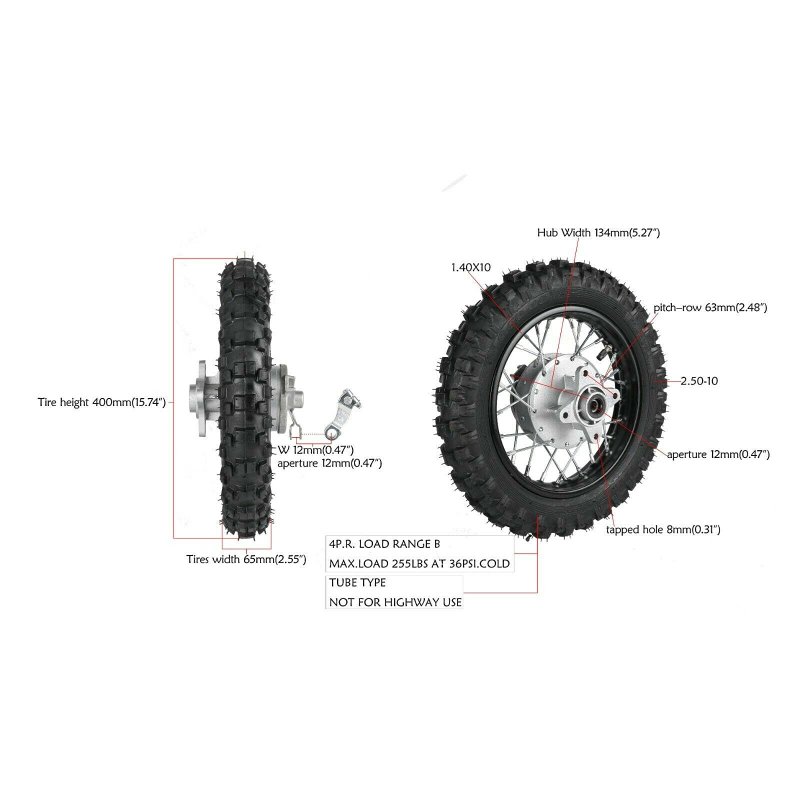 10 Rear Wheel 2 50-10 Rim Tire Assembly For Dirt Bikes 50cc 70cc 110cc Pw50
