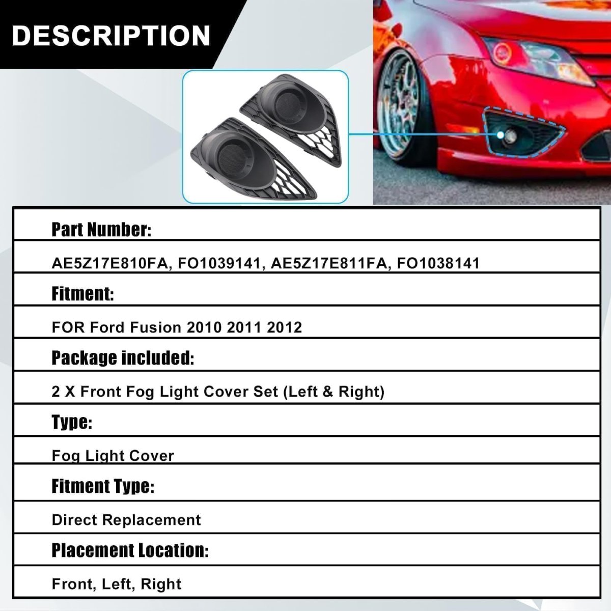 2pcs Front Fog Light Cover Left And Right For Ford Fusion 2010 2011 2012 Replace Ae5z17e810fa Ae5z17e811fa