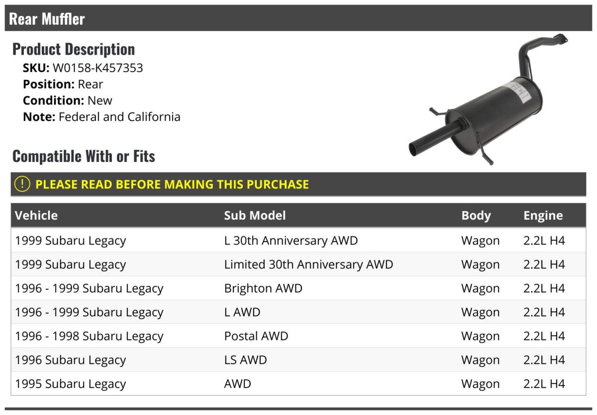Rear Muffler For 1995-1999 Subaru Legacy Wagon 2 2l 4-cylinder Awd
