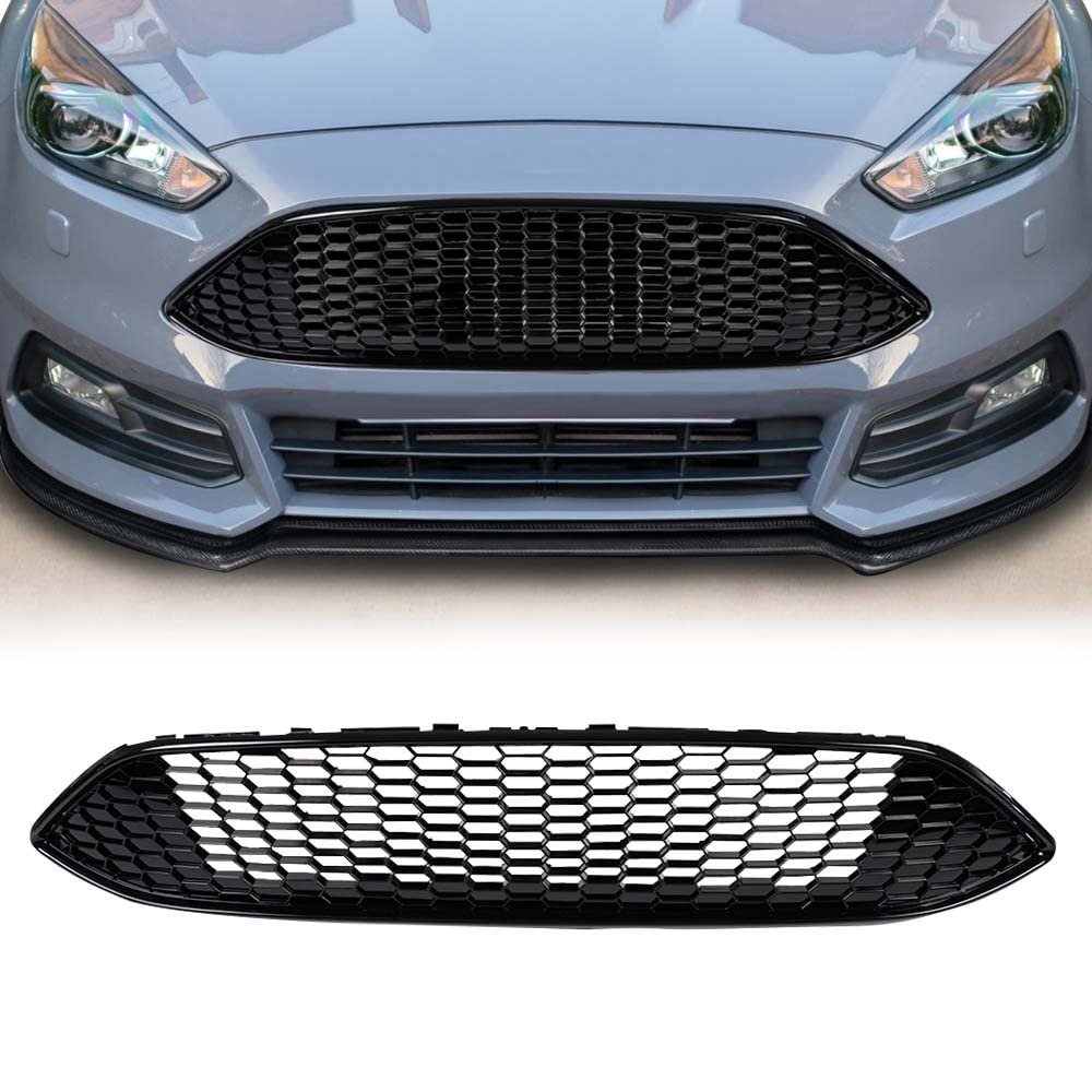 Front Upper Center Sport Grille For Ford Focus S And Se 2015 2016 2017 2018 Gloss Black Honeycomb Style Replacement Grill