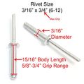 Rivets Aluminum 3 16 X 4 Inch 6-12 Choose Size Gap 62 75 100 Pack Blind Rivet By Bolt Dropper 