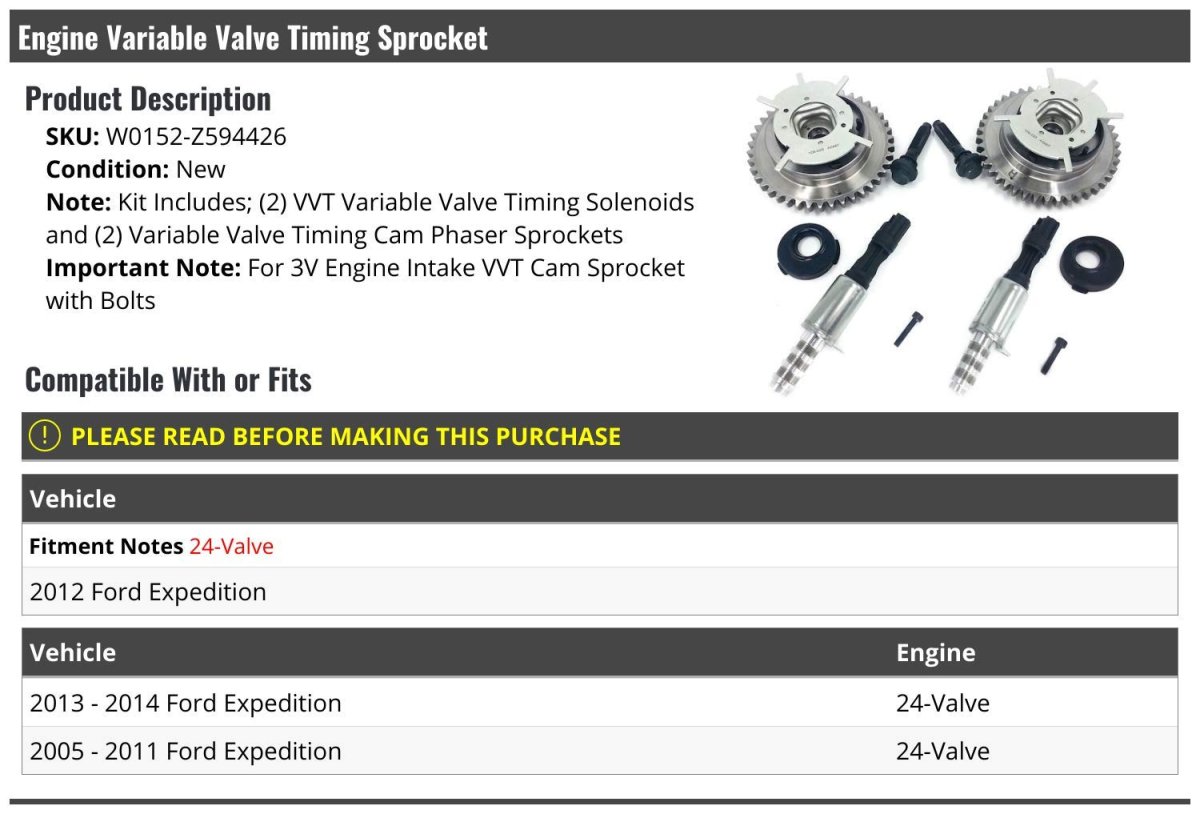 Engine Variable Valve Timing Vvt Sprocket And Solenoid Kit 4 Piece For 2005-2014 Ford Expedition 24-valve For 3v Intake Cam