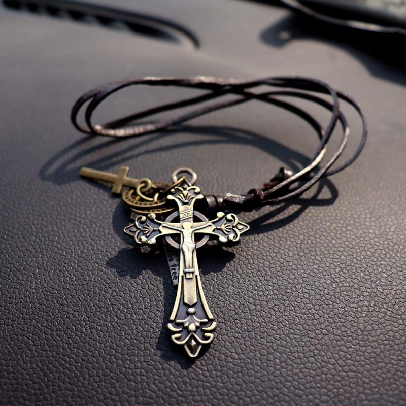 Inebiz Retro Alloy Cross Crucifixion Woven Cowhide Car Charm Interior Rearview Mirror Decoration Hanging Pendant Fashion