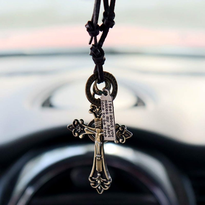 Inebiz Retro Alloy Cross Crucifixion Woven Cowhide Car Charm Interior Rearview Mirror Decoration Hanging Pendant Fashion