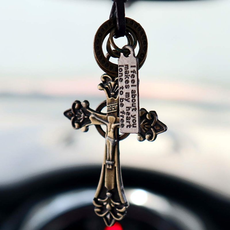 Inebiz Retro Alloy Cross Crucifixion Woven Cowhide Car Charm Interior Rearview Mirror Decoration Hanging Pendant Fashion