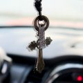 Inebiz Retro Alloy Cross Crucifixion Woven Cowhide Car Charm Interior Rearview Mirror Decoration Hanging Pendant Fashion