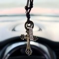 Inebiz Retro Alloy Cross Crucifixion Woven Cowhide Car Charm Interior Rearview Mirror Decoration Hanging Pendant Fashion