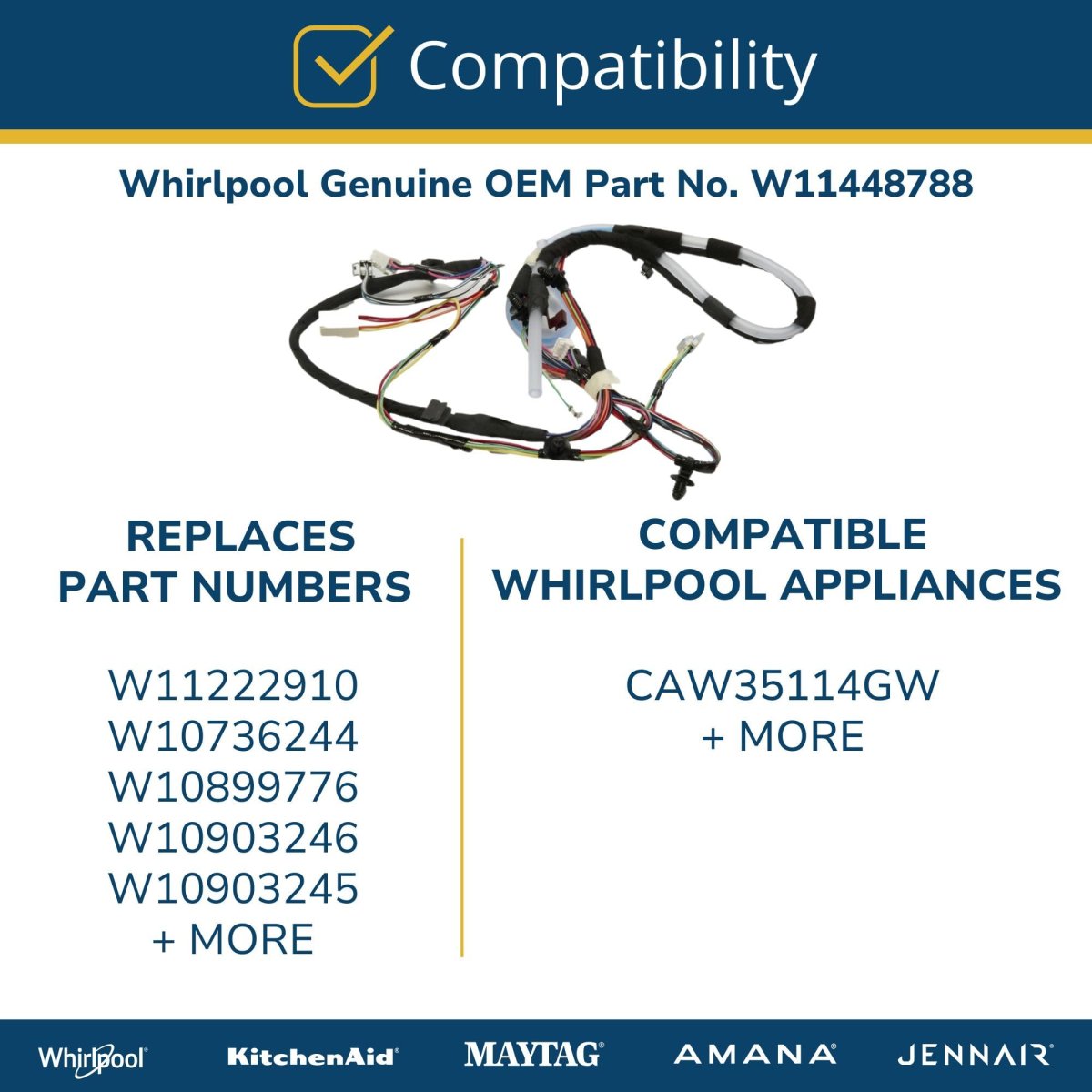 Whirlpool W11448788 Genuine Washer Wire Harness Replacement Part Replaces W11222910 W10736244 W10899776 W10903246 And W10903245