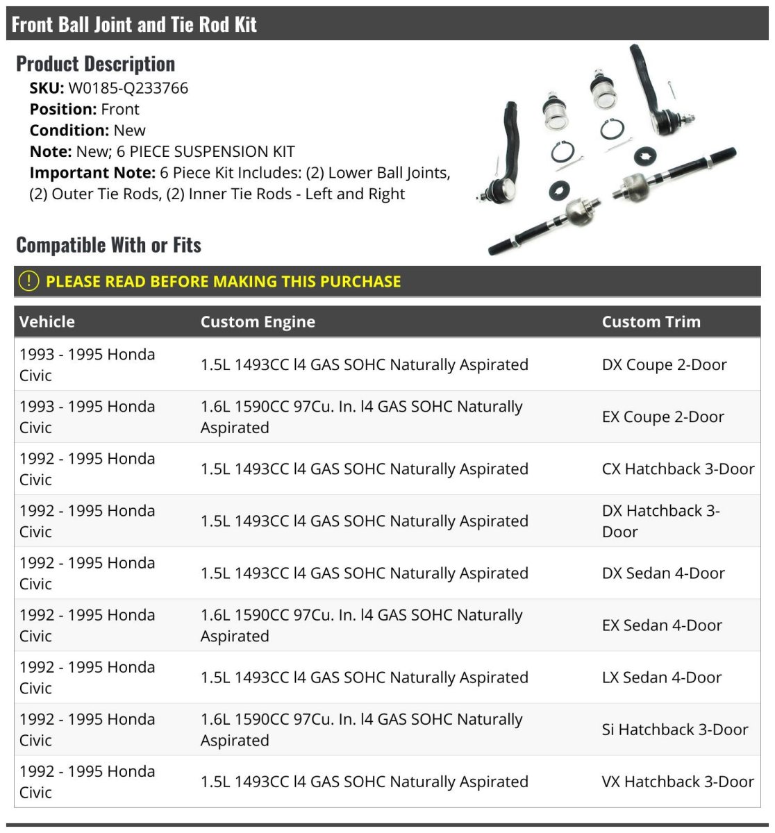 Front Lower Ball Joint And Inner Outer Tie Rod Kit 6 Piece For 1992995 Honda Civic 1 5l 1 6l 4-cylinder