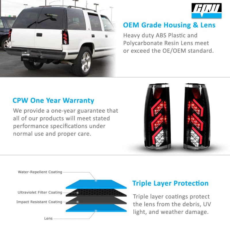Cpw Tail Lights For 1992-1999 Chevy Suburban 1500 2500 Gmc 1992-1994 Blazer Yukon 1995-2000 Tahoe Pickup Gloss Black Clear