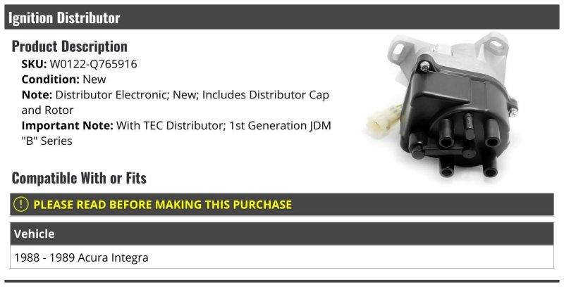 Ignition Distributor With Cap And Rotor For 1988-1989 Acura Integra Tec 1st Generation Jdm B Series