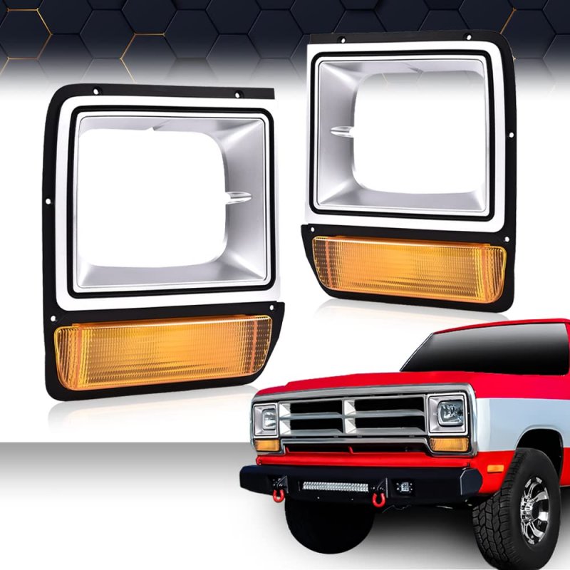 Headlight Bezel With Corner Parking Light Set For Dodge D100 Custom 1986 1989 D150 Base 1990 D250 D350 Ramcharger Silver And
