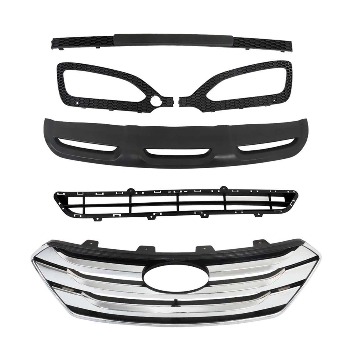 Front Grille And Fog Light Bezels Set 5pcs Grill Chrome Black Replacement For 2013-2016 Santa Fe Sport