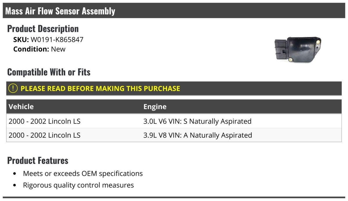 Mass Air Flow Sensor Assembly For 2000 2002 Lincoln Ls 3 0l V6 And 9l V8 Model W0191-k865847